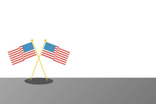 Illustration of two American National flags at table crossing each other on a white background with copy space