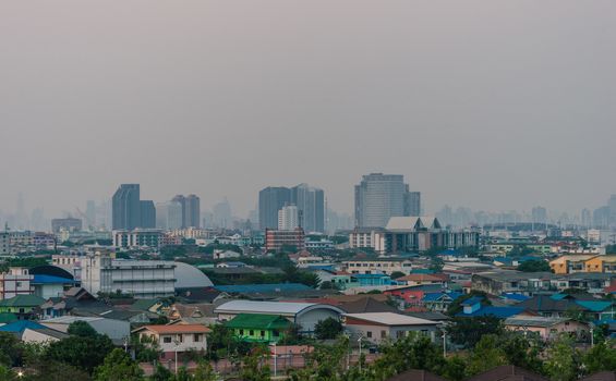 cityscape of smog or air pollution over a city in Thailand