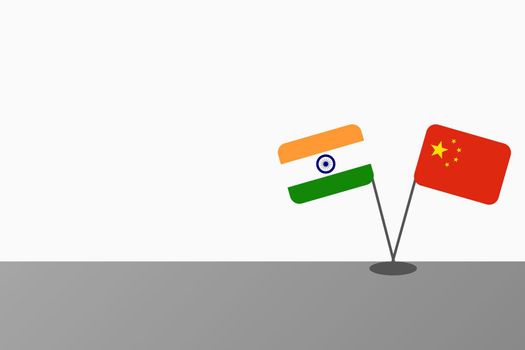 Illustration of Indian and Chinese national flags at table crossing each other on a white background with copy space