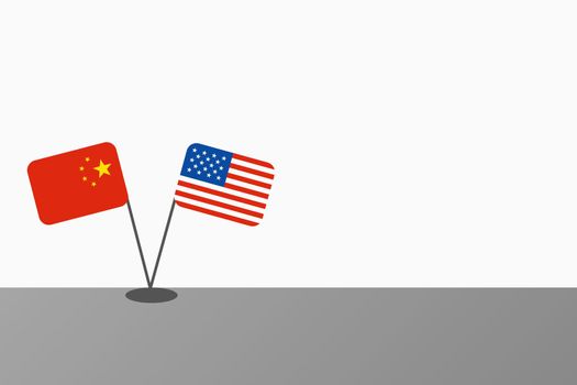 Illustration of Chinese and American flags at table crossing each other on a white background with copy space