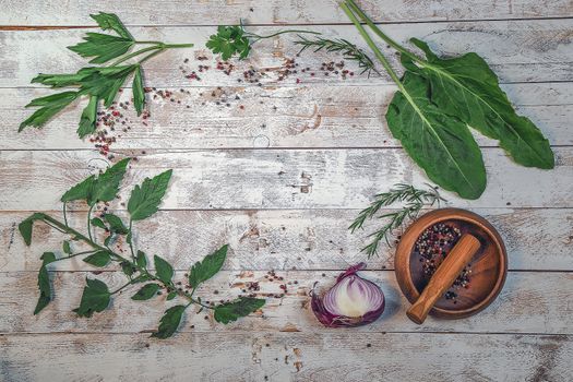 Ingredients on a white wooden background. Top view. Copy space.
