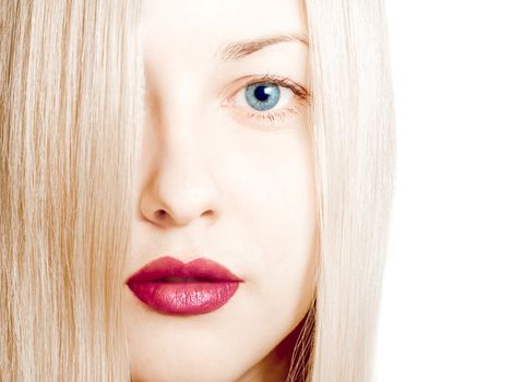 Beauty face close-up of young woman, blonde hair and chic make-up for skincare and haircare brand ads