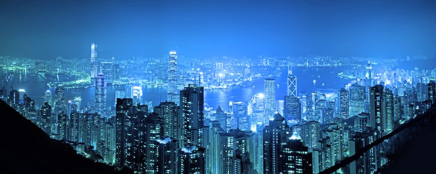 Panorama vire HongKong cityscape at night , Hong kong city.