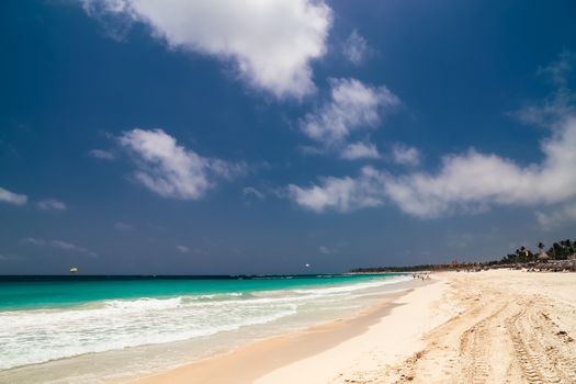 Landscape of paradise tropical island beach with perfect blue sunny sky. Atlantic Ocean. Bavaro beach. Punta Cana. Dominican Republic.