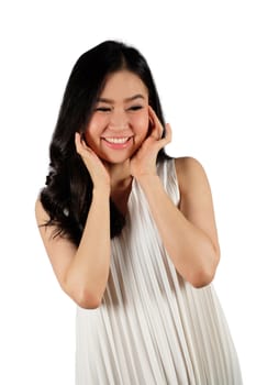 Happy woman wearing white dress looking at camera and white background with clipping path