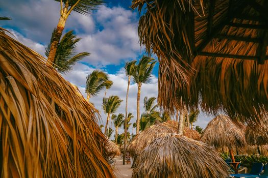 Amazing sunset light on punta cana beach with lounge chairs, umbrellas and palms. Landscape of paradise tropical island beach with perfect blue sunny sky. Carribean vacation, beautiful sunset over tropical beach.