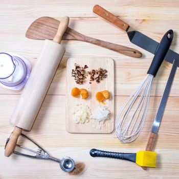 Thai dessert Food ingredients and kitchen utensils for cooking on wood background