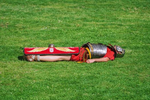 Alba Iulia, Romania - May 04, 2019: Defeated Roman Legionary During the Festival Roman Apulum "Revolta".