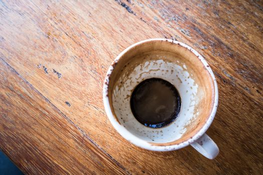 Top view of Empty coffee cup on the wood table at coffee shop.