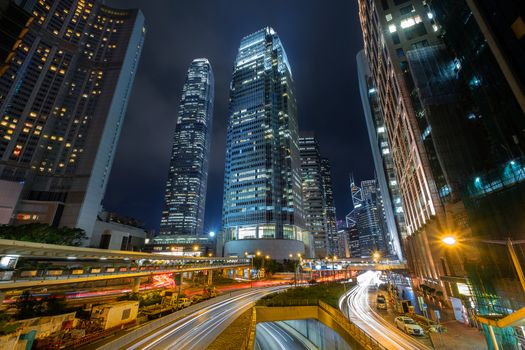 Hong Kong skyline at central business district with light trail on the evening, Hong Kong, China.