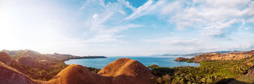 Colorful sunny day panorama at Amelia sunset point, Labuan Bajo, Flores Island, Indonesia.