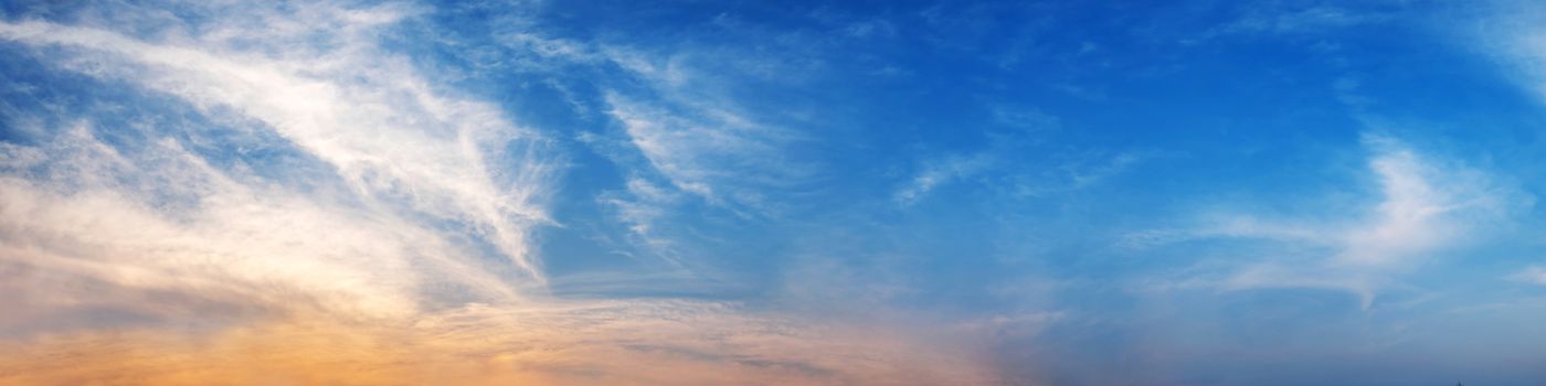 Dramatic panorama sky with cloud on twilight time. Panoramic image.