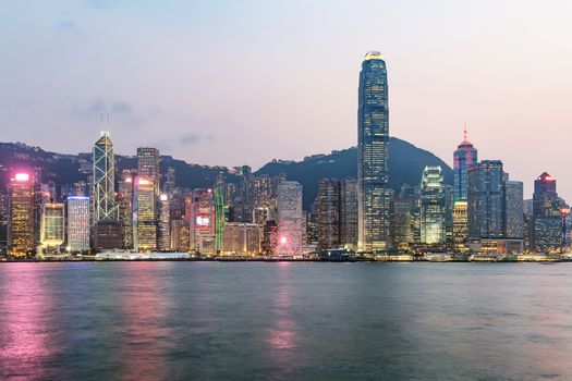 Hong Kong skyline on the evening seen from Kowloon, Hong Kong, China.