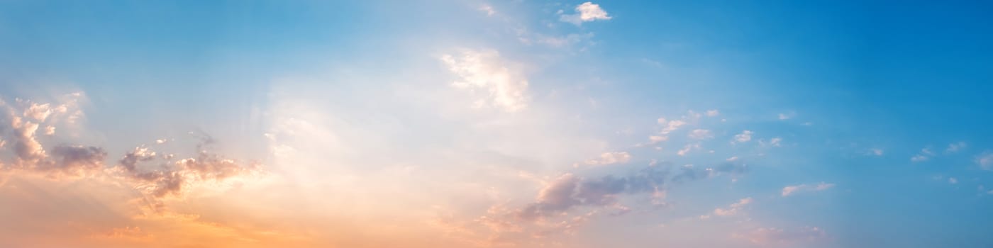 Dramatic panorama sky with cloud on sunrise and sunset time. Panoramic image.