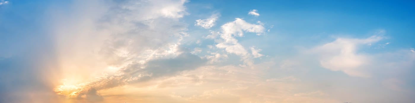 Dramatic panorama sky with cloud on sunrise and sunset time. Panoramic image.