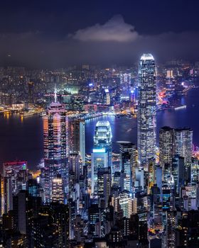  Hong Kong skyline on the evening seen from Victoria peak, Hong Kong, China.