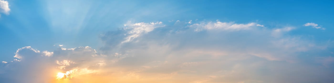 Dramatic panorama sky with cloud on sunrise and sunset time. Panoramic image.