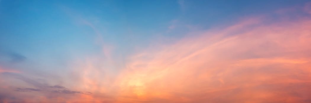 Dramatic panorama sky with cloud on sunrise and sunset time. Panoramic image.