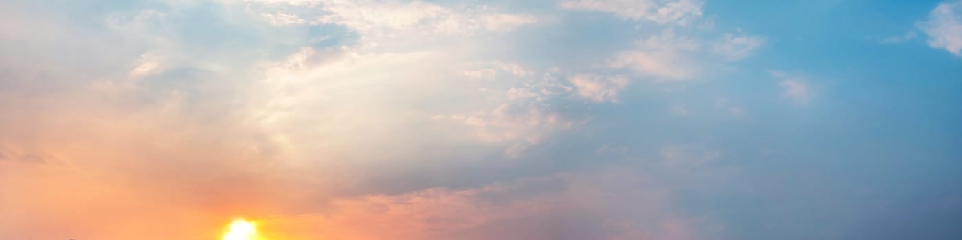 Dramatic panorama sky with cloud on sunrise and sunset time. Panoramic image.