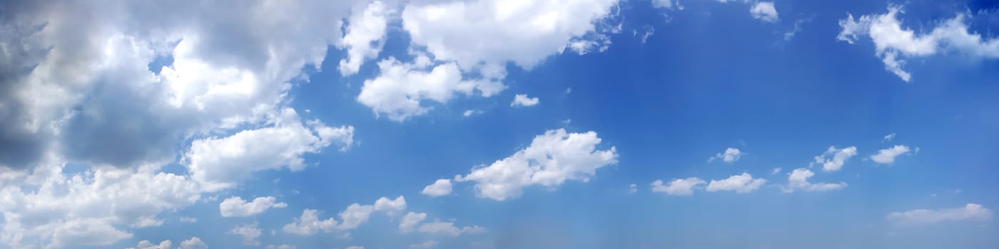 Panorama sky with cloud on a sunny day. Panoramic image.