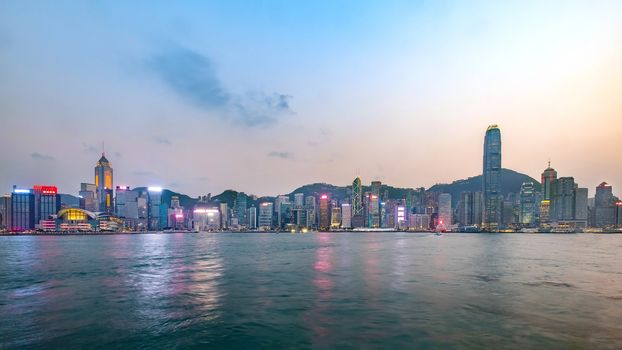 Hong Kong skyline on the evening seen from Kowloon, Hong Kong, China.