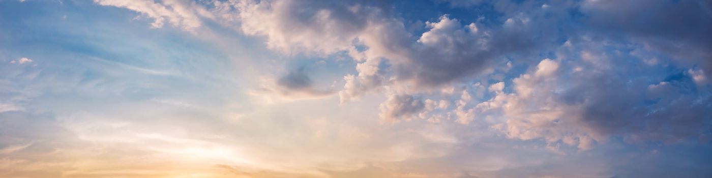 Dramatic panorama sky with cloud on sunrise and sunset time. Panoramic image.