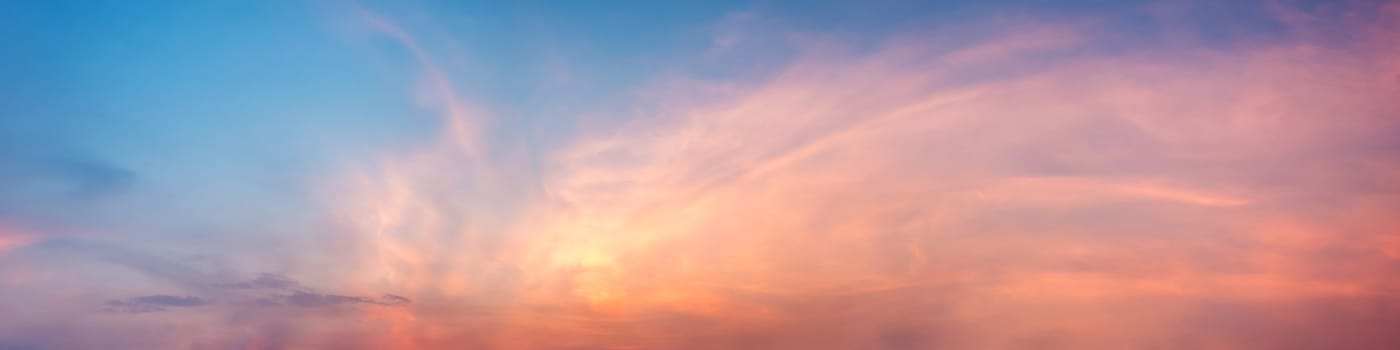 Dramatic panorama sky with cloud on sunrise and sunset time. Panoramic image.