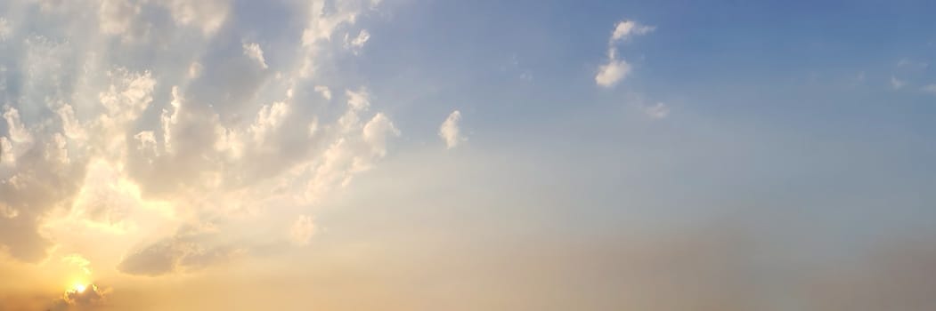 Dramatic panorama sky with cloud on sunrise and sunset time. Panoramic image.