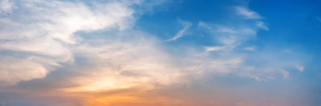 Dramatic panorama sky with cloud on sunrise and sunset time. Panoramic image.