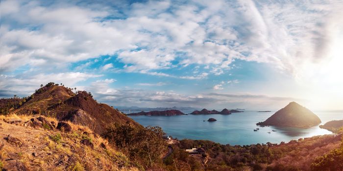 Colorful sunny day panorama at Amelia sunset point, Labuan Bajo, Flores Island, Indonesia.