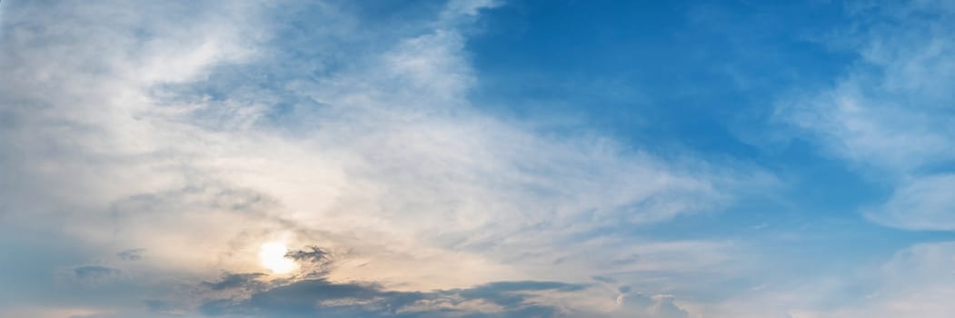 Panorama sky with cloud on a cloudy sunrise or sunset. Panoramic image.