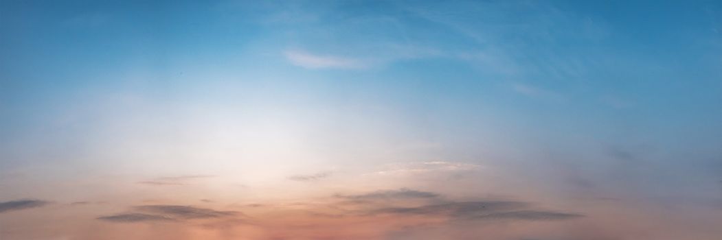 Dramatic panorama sky with cloud on sunrise and sunset time. Panoramic image.