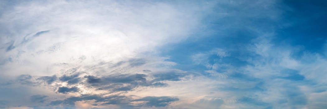 Panorama sky with cloud on a cloudy sunrise or sunset. Panoramic image.