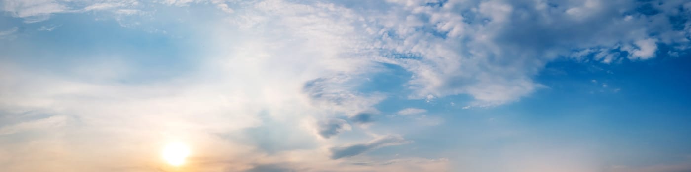 Dramatic panorama sky with cloud on sunrise and sunset time. Panoramic image.