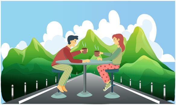 couple is enjoying coffee sitting on the roads