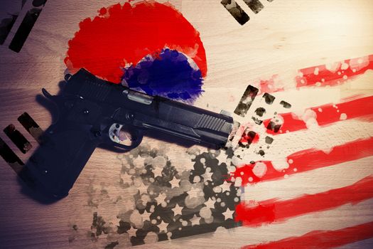 Relations between countries. America and South Korea flag paint on wood background with gun weapon between two flags.