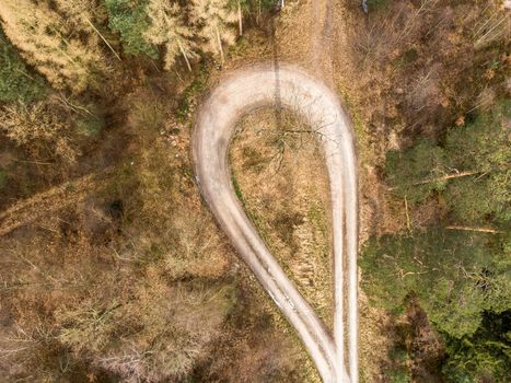 Vertically taken aerial photograph of a turning loop in a forest ridge with large spruce, pine and fir trees, made with drone