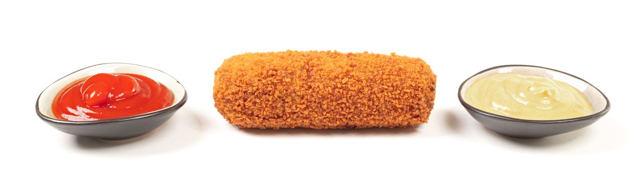 Brown crusty dutch kroket with sauces (mustard and ketchup) isolated on a white background