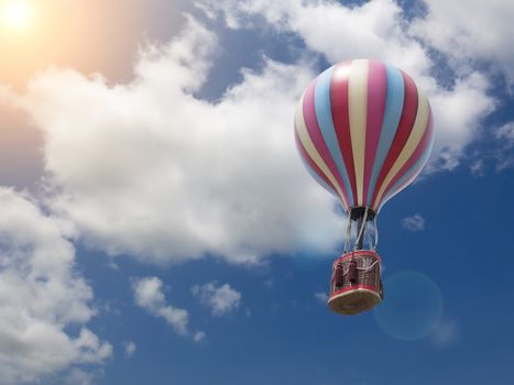 hot air balloon is flying at sunrise