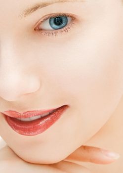 Beauty face close-up of young woman, blonde hair and chic make-up for skincare and haircare brand ads