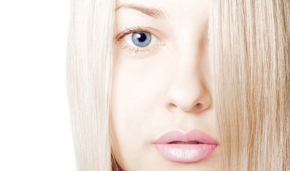 Beauty face close-up of young woman, blonde hair and chic make-up for skincare and haircare brand ads