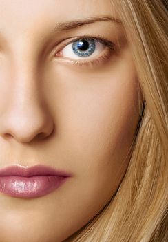 Beauty face close-up of young woman, blonde hair and chic make-up for skincare and haircare brand ads