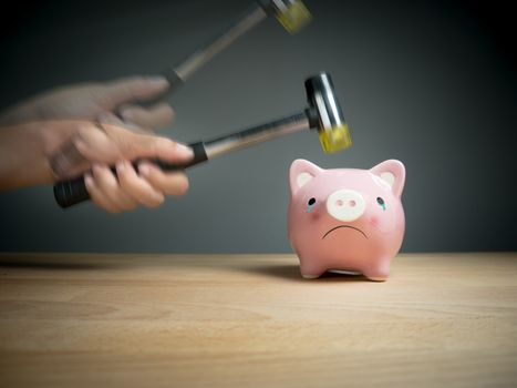 A hand holding a hammer which is raised above a pink sad piggy bank, with a shocked and apprehensive facial expression. Reflective surface and light grey background.