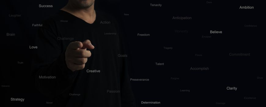 man wear black T-shirt on black background with words motivation.