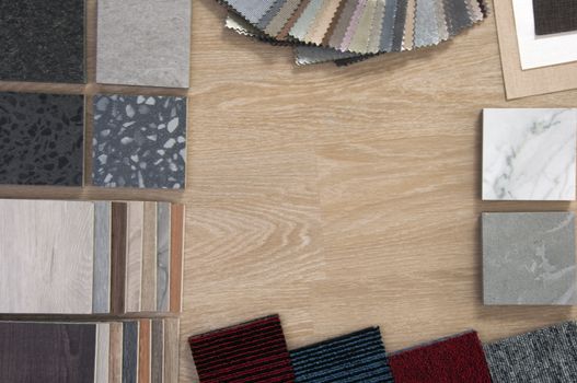 materials design with wood  stone  carpet   wallpaper and curtain. Sample of home materials for construction or renovate. Copyspace for text background. Nobody.