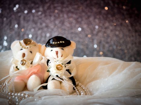 love concept : couple teddy bears in wedding dress for valentine greeting card with bokeh background. love concept wallpaper. wedding invitation card