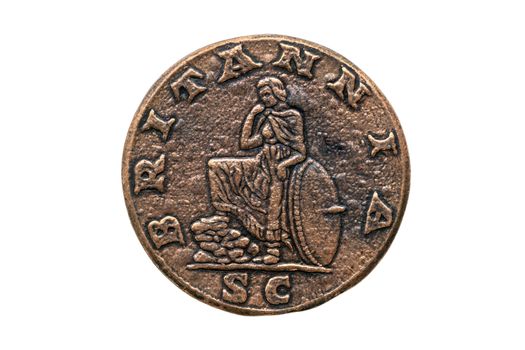 Roman Sestertius Replica Coin of  Roman Emperor Hadrian 117-138 AD reverse side cut out and isolated on a white background