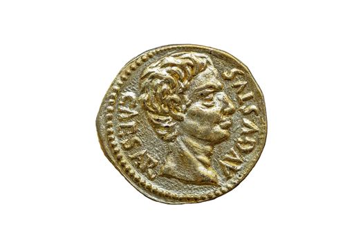 Roman gold aureus replica coin obverse of Roman Emperor Augustus 27BC-14AD cut out and isolated on a white background