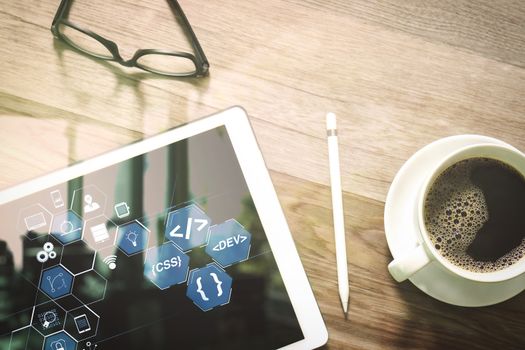 Coding software developer work with augmented reality dashboard computer icons of scrum agile development and code fork and versioning with responsive cybersecurity.Coffee cup and Digital table.