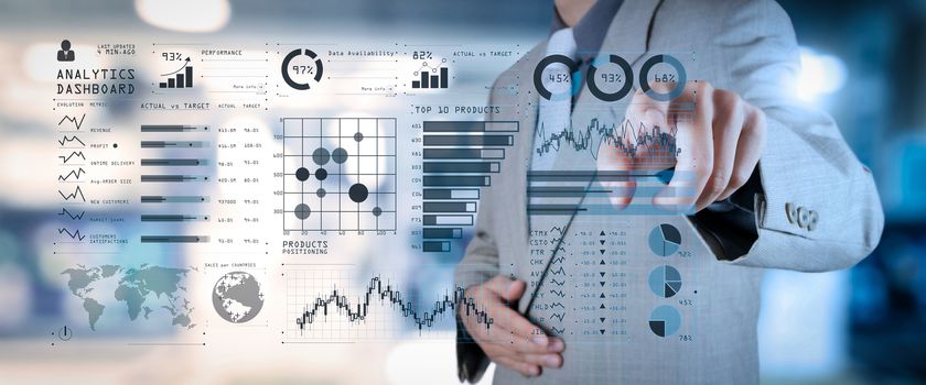 Intelligence (BI) and business analytics (BA) with key performance indicators (KPI) dashboard concept.business documents on office table with smart phone and digital tablet and graph on wide screen computer.